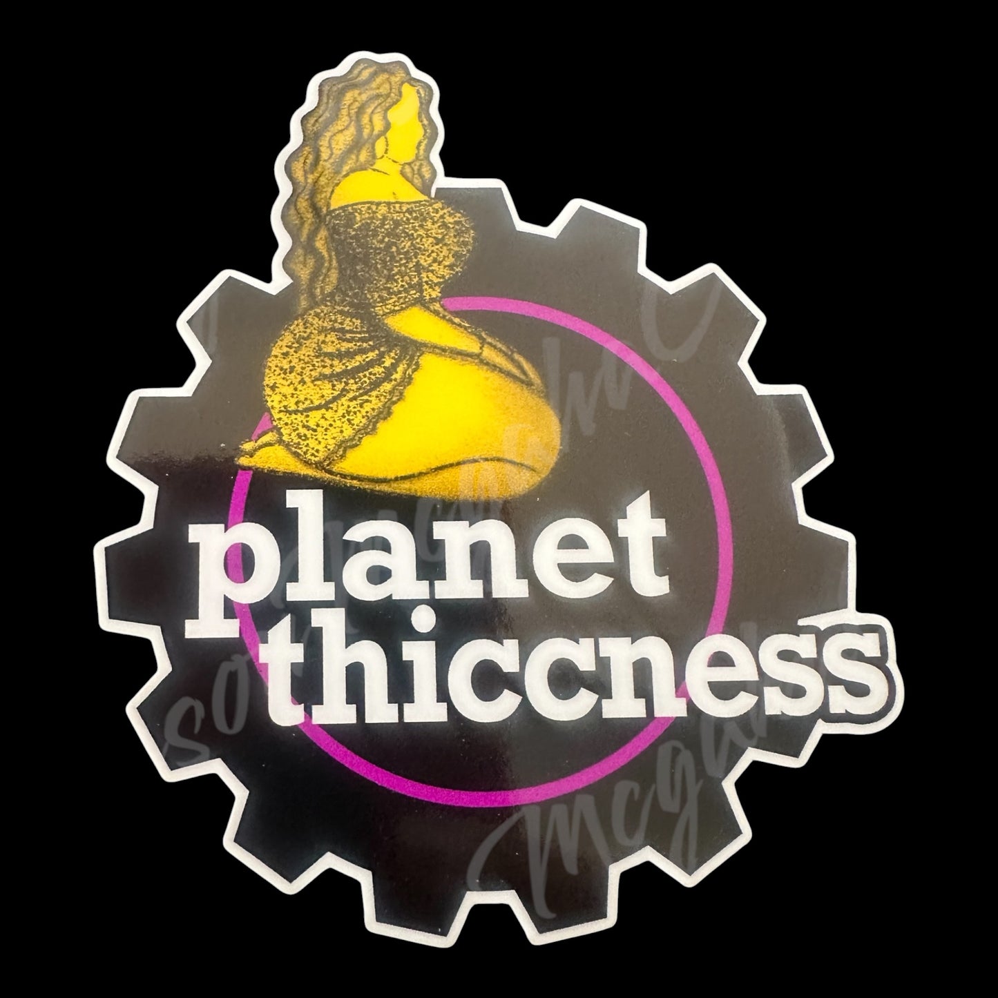 Logo with a yellow shoe and 'planet thicccness' text on a black background
