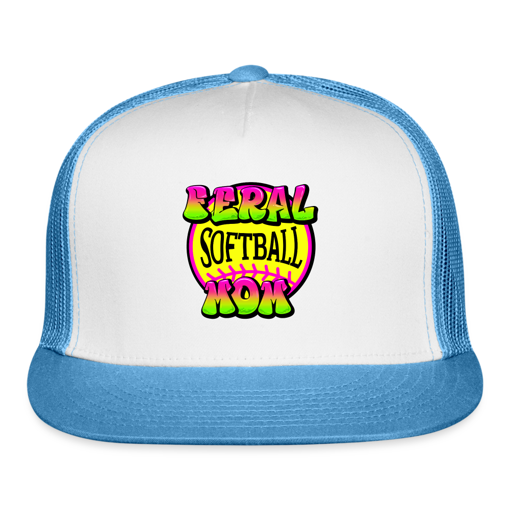 FERAL SOFTBALL MOM Trucker Cap - white/blue
