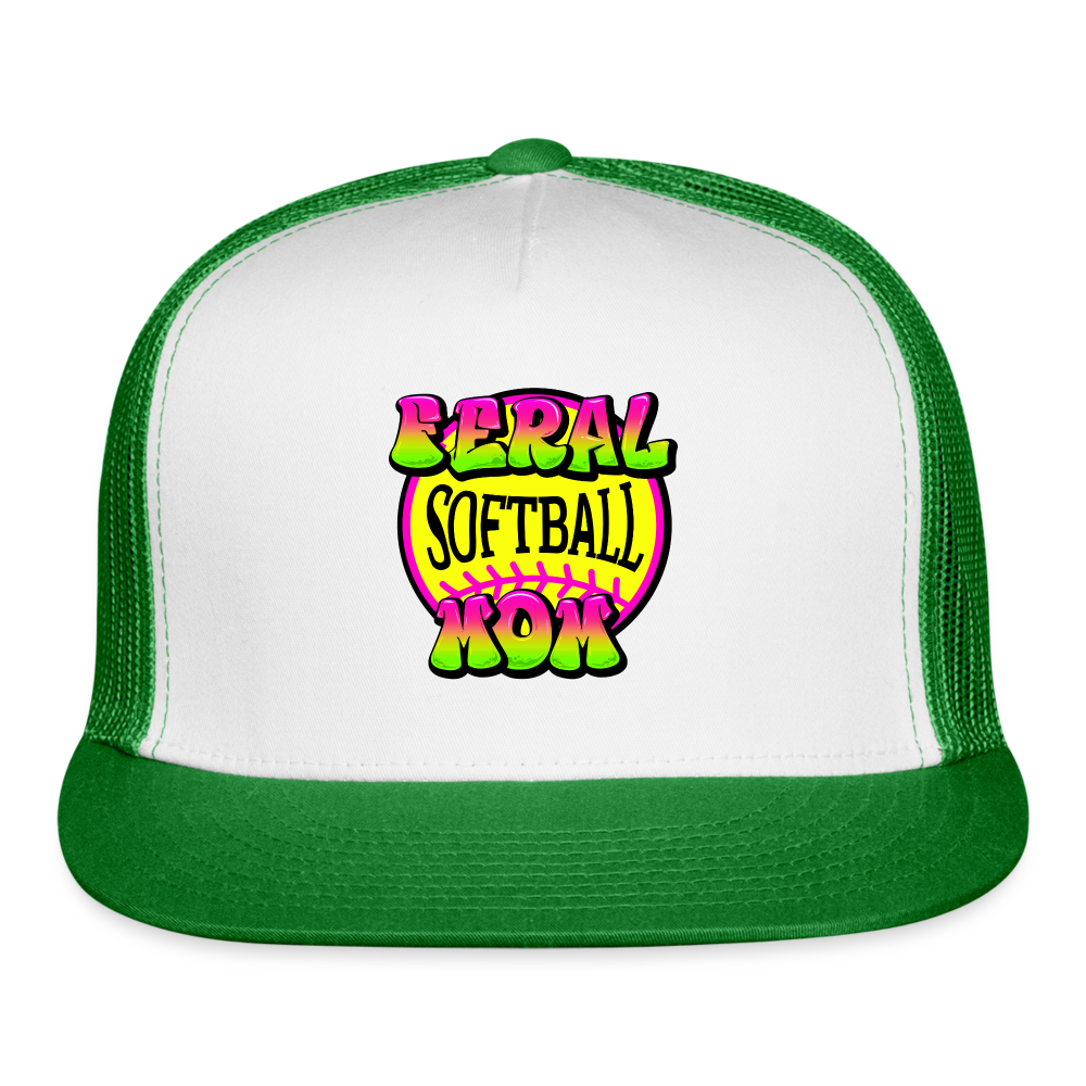 FERAL SOFTBALL MOM Trucker Cap - white/kelly green