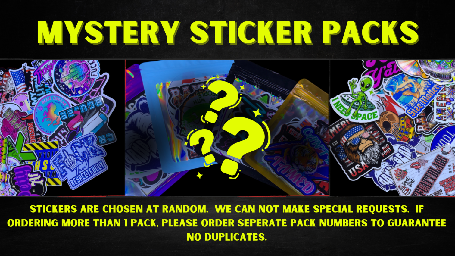 Promotional image for mystery sticker packs with colorful stickers and question marks.