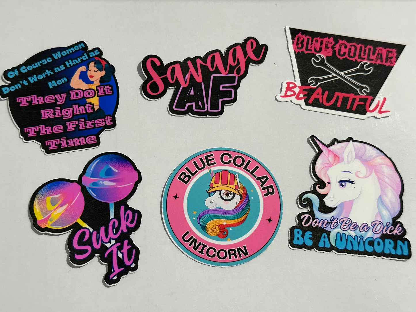 Blue Collar Unicorn mini 6 sticker pack-2 inches each