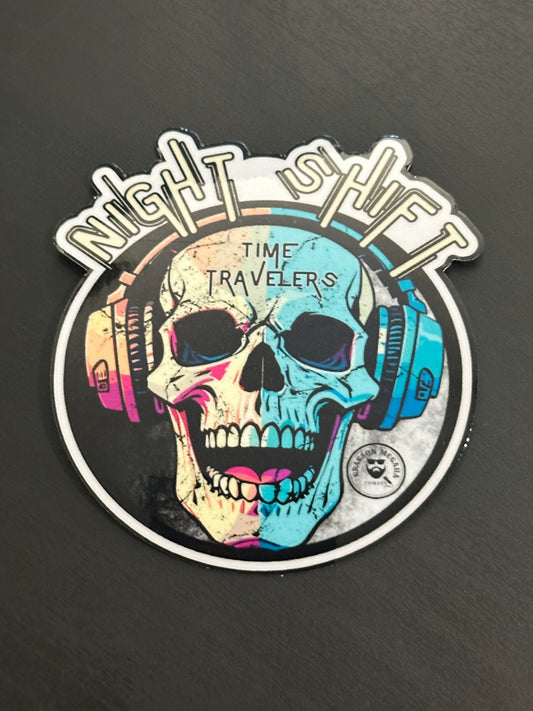 Night Shift Colorful Skull Vinyl Sticker 3x3 inches
