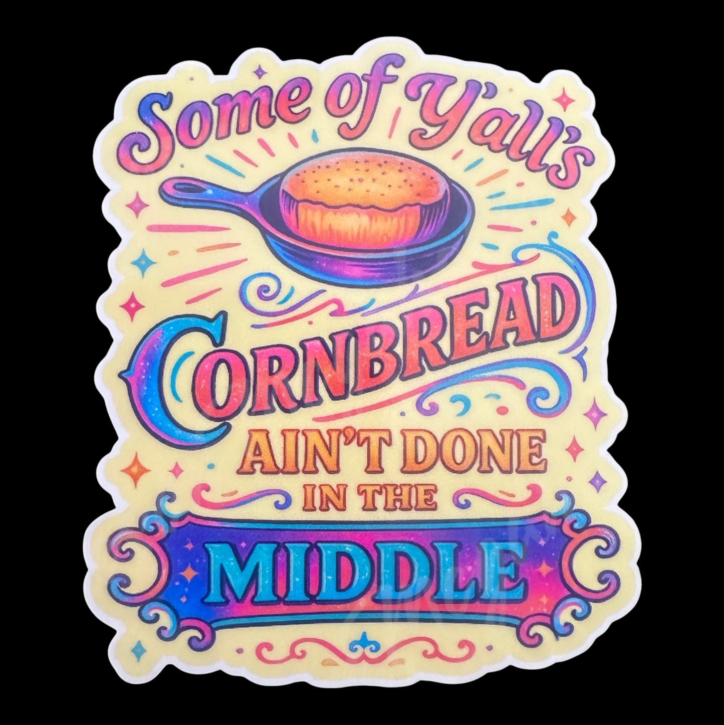 Colorful cornbread graphic with text on a black background