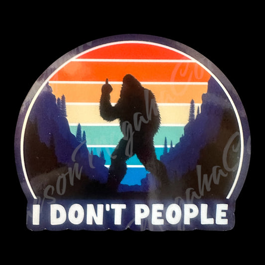 Sticker with a silhouette of a gorilla and text 'I DON'T PEOPLE' against a colorful sunset background.