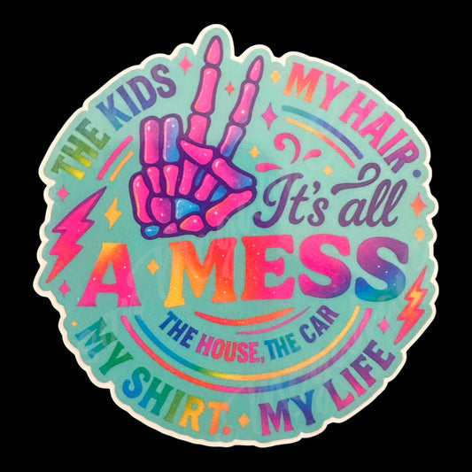 Colorful sticker with text and hand gesture on a black background