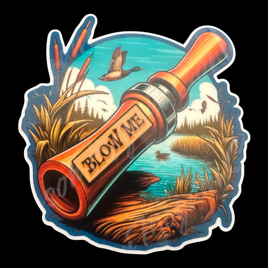 Decorative sticker with a bottle labeled 'Blow Me' set against a nature-themed background.