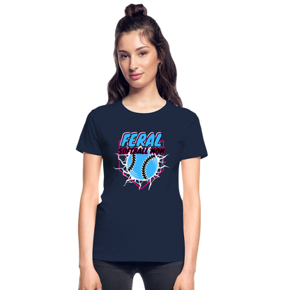 FERAL SOFTBALL MOM Gildan Ultra Cotton Ladies T-Shirt - navy