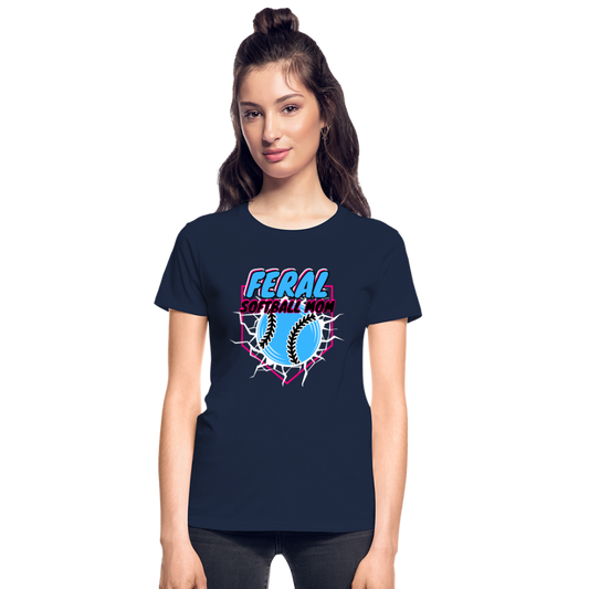 FERAL SOFTBALL MOM Gildan Ultra Cotton Ladies T-Shirt - navy