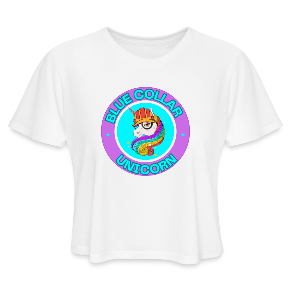 PURPLE BLUE COLLAR UNICORN Women's Cropped T-Shirt - white