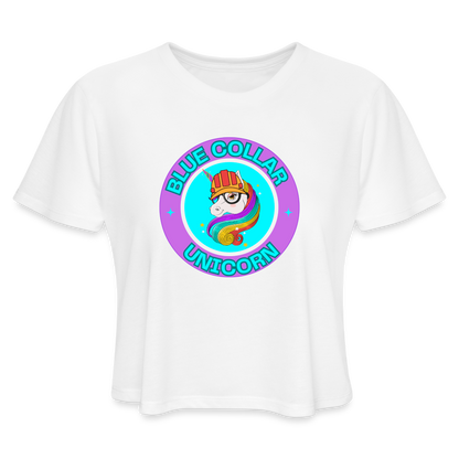PURPLE BLUE COLLAR UNICORN Women's Cropped T-Shirt - white
