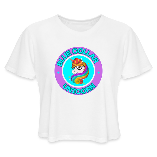 PURPLE BLUE COLLAR UNICORN Women's Cropped T-Shirt - white
