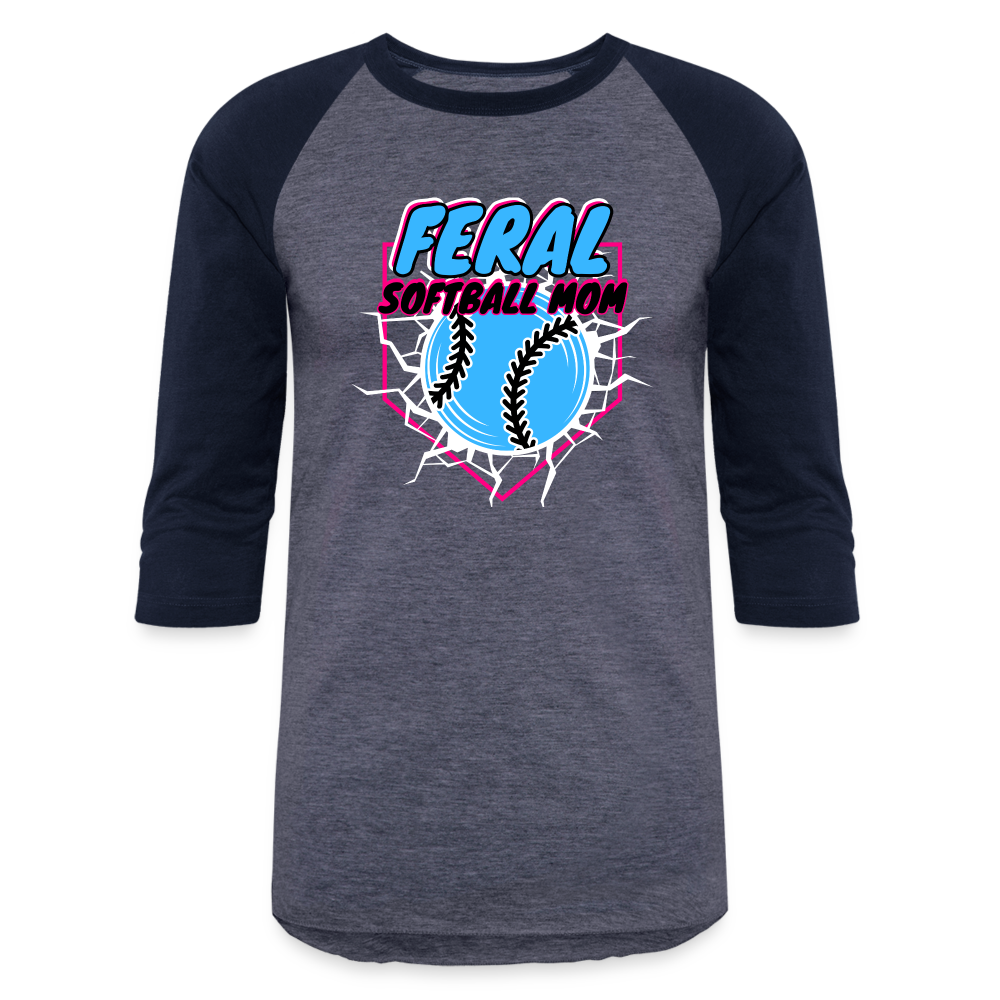 BLUE FERAL SOFTBALL MOM Baseball T-Shirt - heather blue/navy