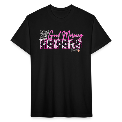 BENNETT PEACH "GOOD MORNING HEIFFERS"  Fitted Cotton/Poly T-Shirt by Next Level - black