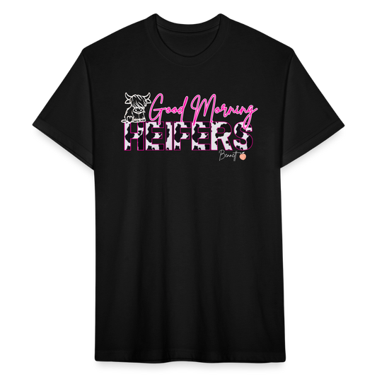 BENNETT PEACH "GOOD MORNING HEIFFERS"  Fitted Cotton/Poly T-Shirt by Next Level - black